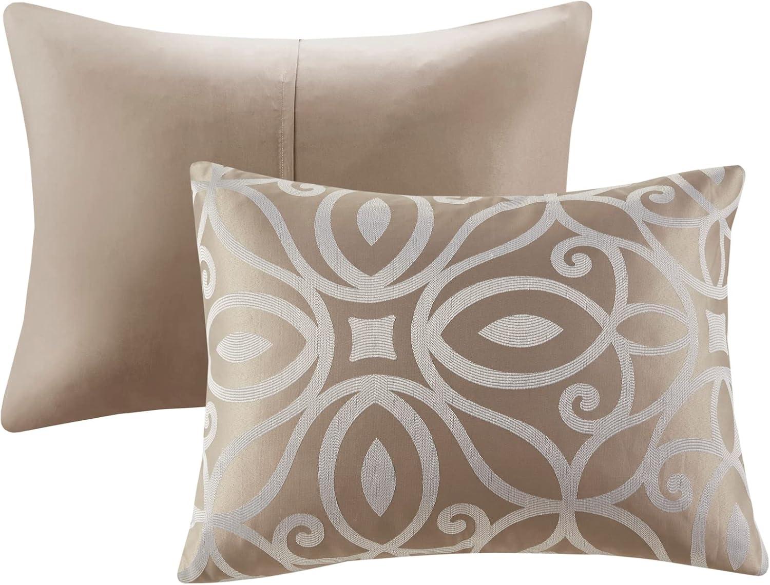 imageMadison Park Carina Cozy Comforter Set Luxe Jacquard Medallion Design with Embroidery and Pleated Details All Season Bedding with Matching Shams Decorative Pillow Queen Taupe 7 PieceCarina Taupe Comforter 7pcs