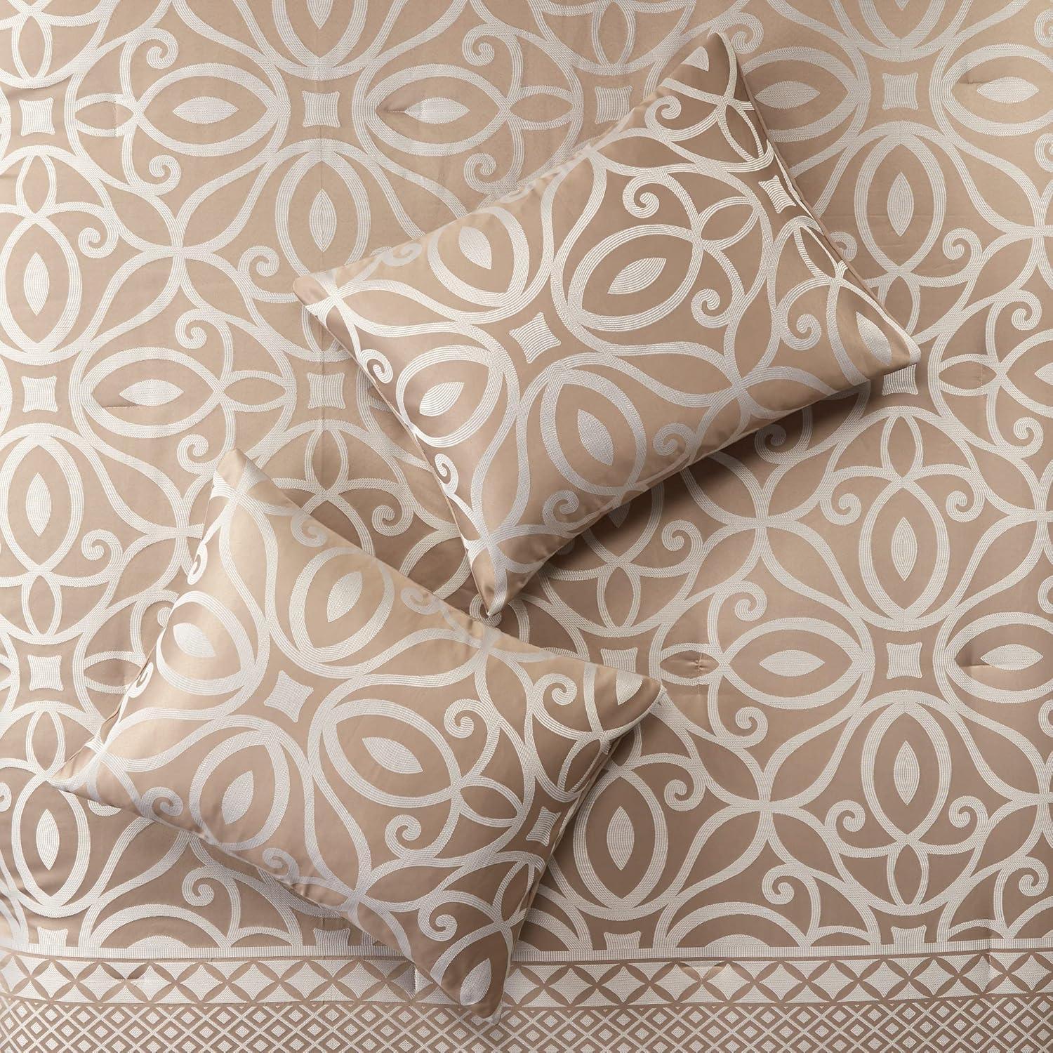 imageMadison Park Carina Cozy Comforter Set Luxe Jacquard Medallion Design with Embroidery and Pleated Details All Season Bedding with Matching Shams Decorative Pillow Queen Taupe 7 PieceCarina Taupe Comforter 7pcs