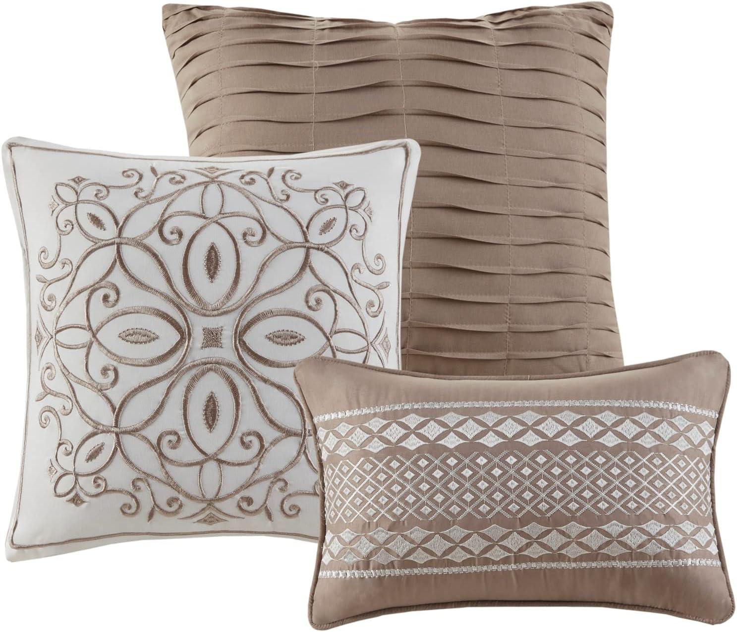 imageMadison Park Carina Cozy Comforter Set Luxe Jacquard Medallion Design with Embroidery and Pleated Details All Season Bedding with Matching Shams Decorative Pillow Queen Taupe 7 PieceCarina Taupe Comforter 7pcs