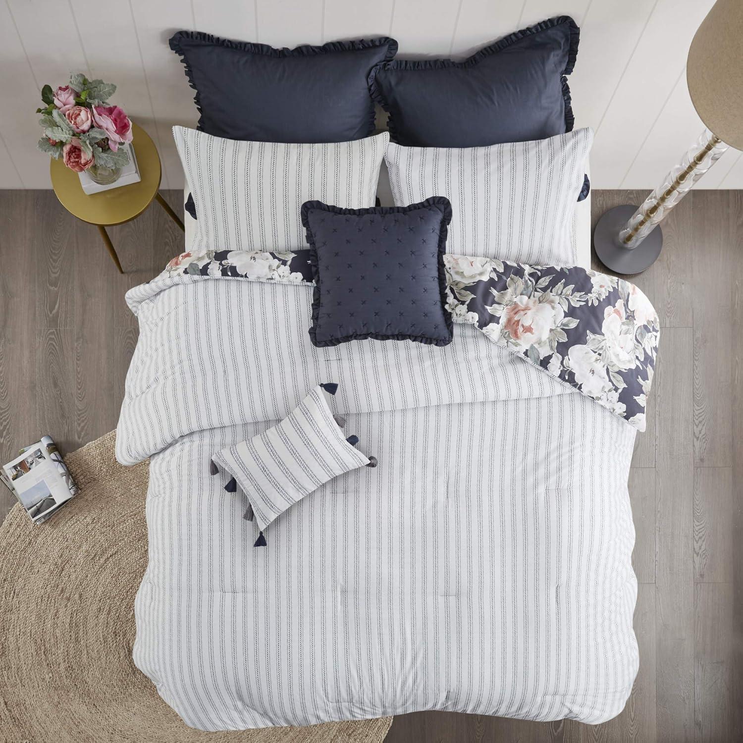 imageMadison Park Cozy Comforter Nature Scenery Design All Season Bedding Matching Bed Skirt Decorative Pillows Holly Floral PurpleTaupe King104x92 8 PieceDark Blue