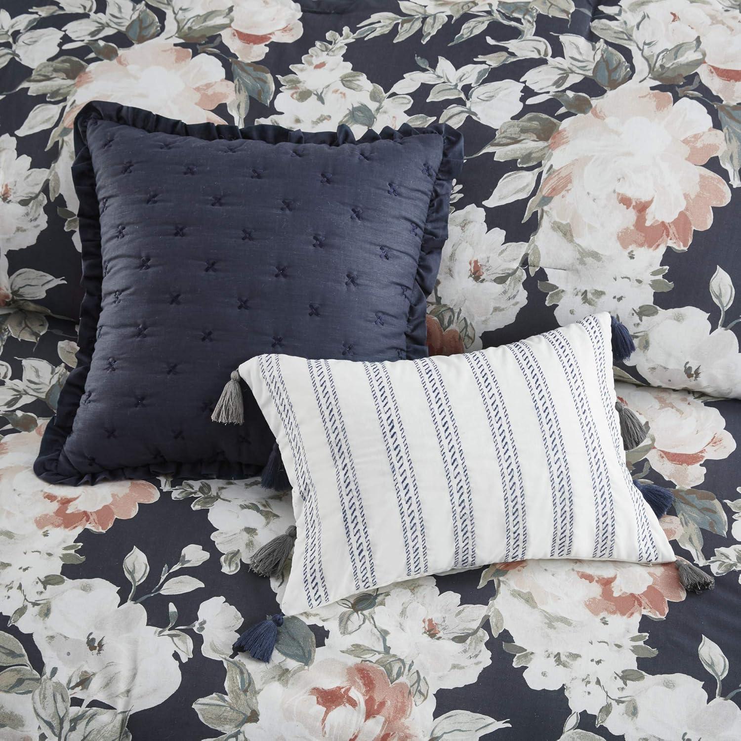 imageMadison Park Cozy Comforter Nature Scenery Design All Season Bedding Matching Bed Skirt Decorative Pillows Holly Floral PurpleTaupe King104x92 8 PieceDark Blue