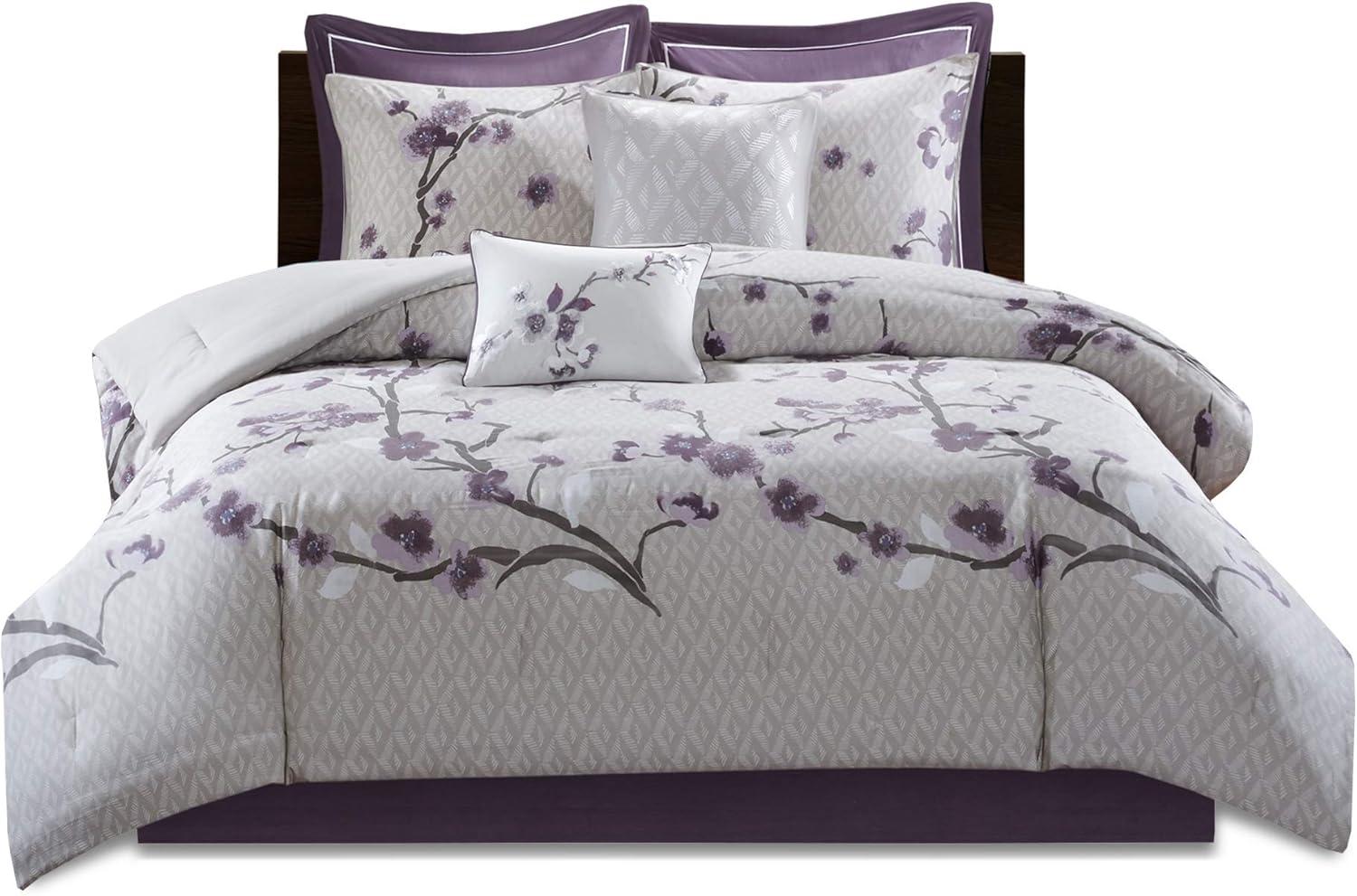 imageMadison Park Cozy Comforter Nature Scenery Design All Season Bedding Matching Bed Skirt Decorative Pillows Holly Floral PurpleTaupe King104x92 8 PieceGreyPurple