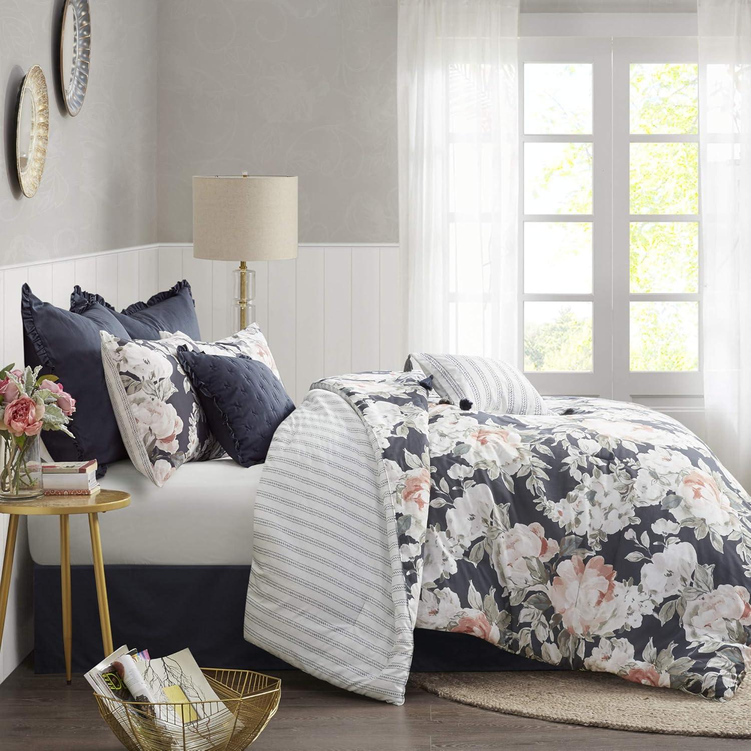 imageMadison Park Cozy Comforter Nature Scenery Design All Season Bedding Matching Bed Skirt Decorative Pillows Holly Floral PurpleTaupe King104x92 8 PieceDark Blue