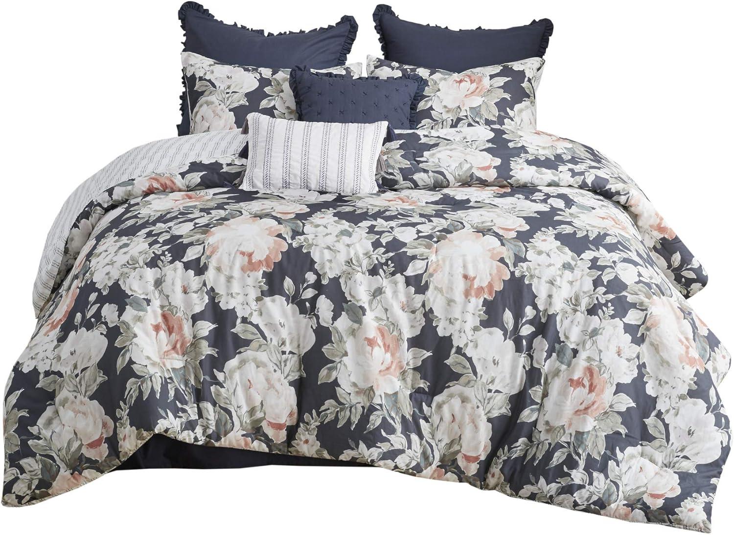 imageMadison Park Cozy Comforter Nature Scenery Design All Season Bedding Matching Bed Skirt Decorative Pillows Holly Floral PurpleTaupe King104x92 8 PieceDark Blue