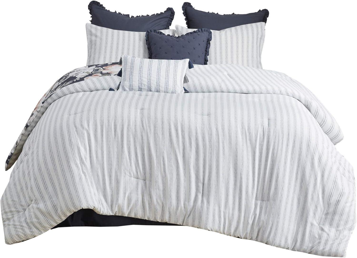 imageMadison Park Cozy Comforter Nature Scenery Design All Season Bedding Matching Bed Skirt Decorative Pillows Holly Floral PurpleTaupe King104x92 8 PieceDark Blue