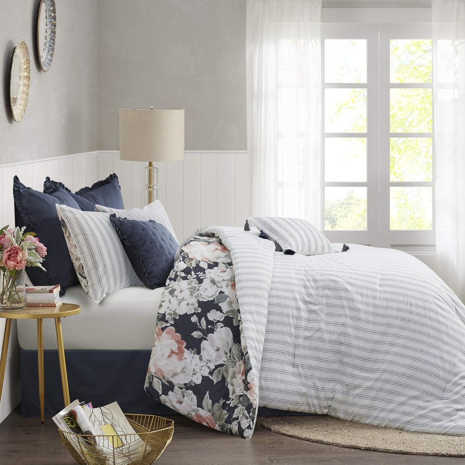 imageMadison Park Cozy Comforter Nature Scenery Design All Season Bedding Matching Bed Skirt Decorative Pillows Holly Floral PurpleTaupe King104x92 8 PieceDark Blue