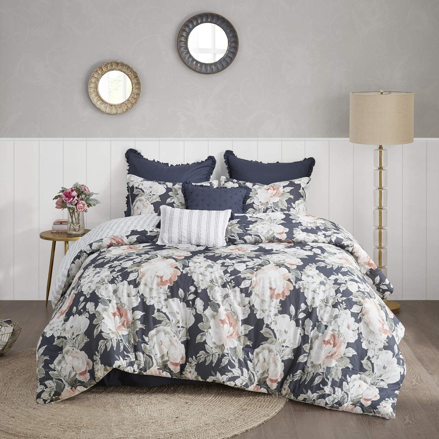 imageMadison Park Cozy Comforter Nature Scenery Design All Season Bedding Matching Bed Skirt Decorative Pillows Holly Floral PurpleTaupe King104x92 8 PieceDark Blue