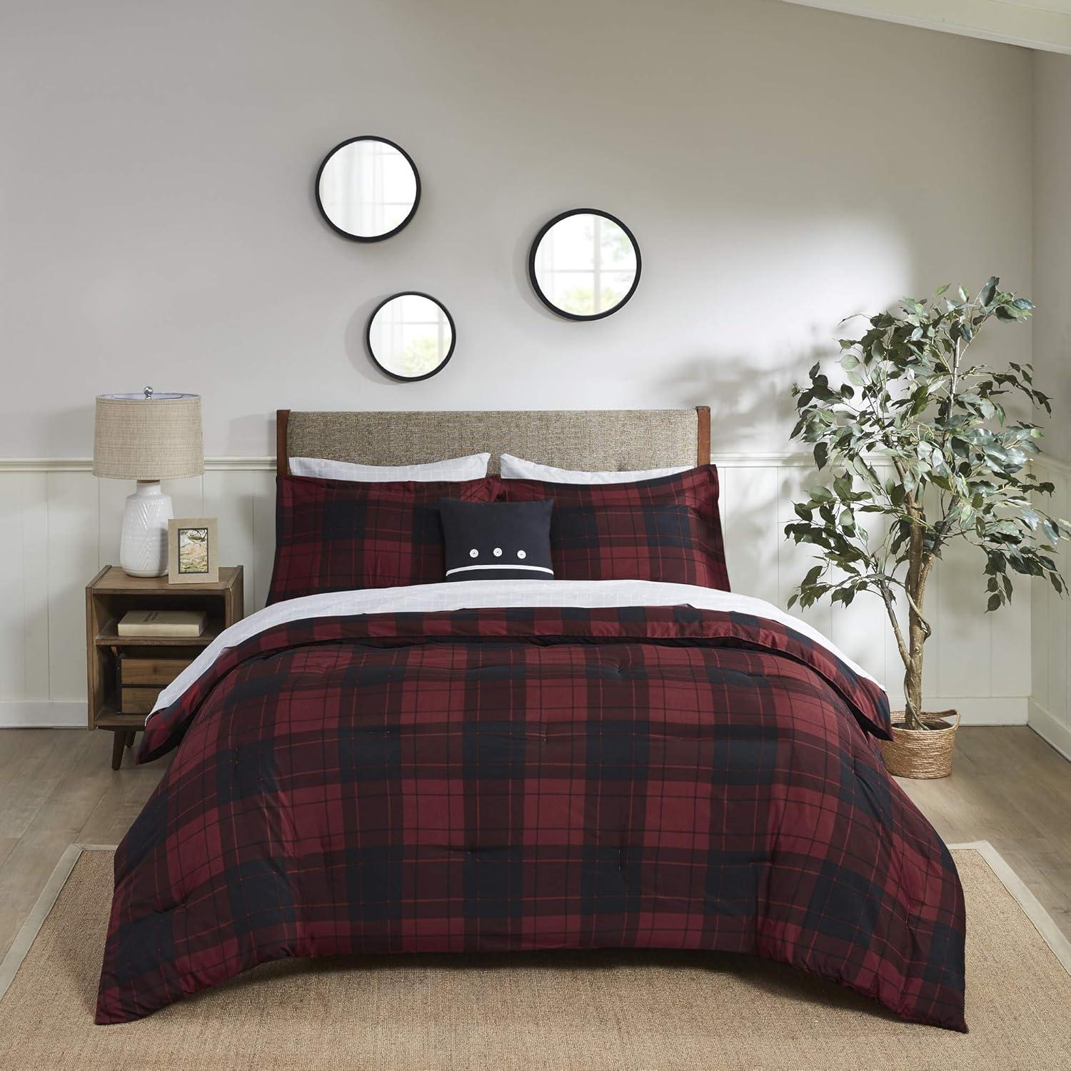 imageMadison Park Essentials Cozy Bed in A Bag Reversible Comforter with Complete Sheet Set Casual Plaid Cabin Design All Season Cover Decorative Pillow Everest Plaid Red Twin68x86 6 PieceEverest Plaid Red