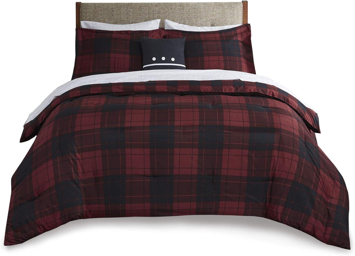 imageMadison Park Essentials Cozy Bed in A Bag Reversible Comforter with Complete Sheet Set Casual Plaid Cabin Design All Season Cover Decorative Pillow Everest Plaid Red Twin68x86 6 PieceEverest Plaid Red