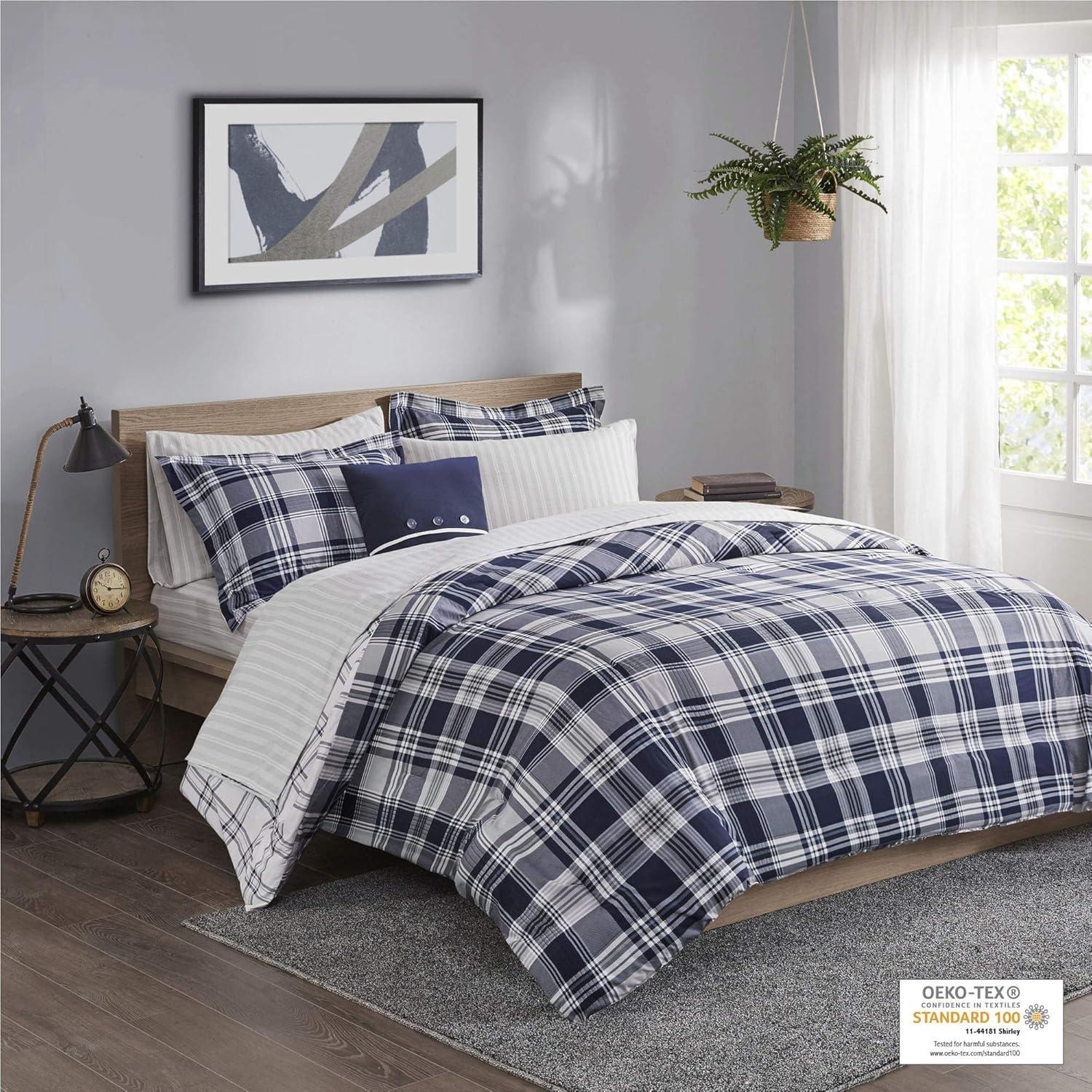 imageMadison Park Essentials Cozy Bed in A Bag Reversible Comforter with Complete Sheet Set Casual Plaid Cabin Design All Season Cover Decorative Pillow Everest Plaid Red Twin68x86 6 PiecePatrick Plaid Navy