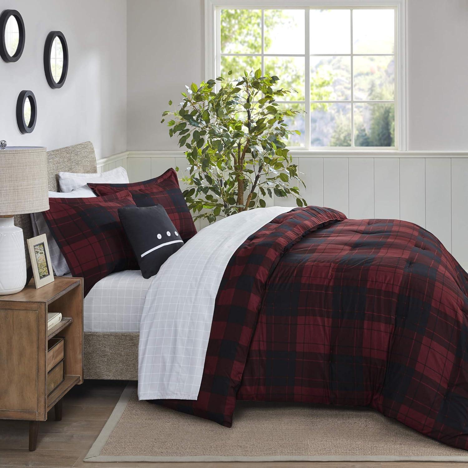 imageMadison Park Essentials Cozy Bed in A Bag Reversible Comforter with Complete Sheet Set Casual Plaid Cabin Design All Season Cover Decorative Pillow Everest Plaid Red Twin68x86 6 PieceEverest Plaid Red