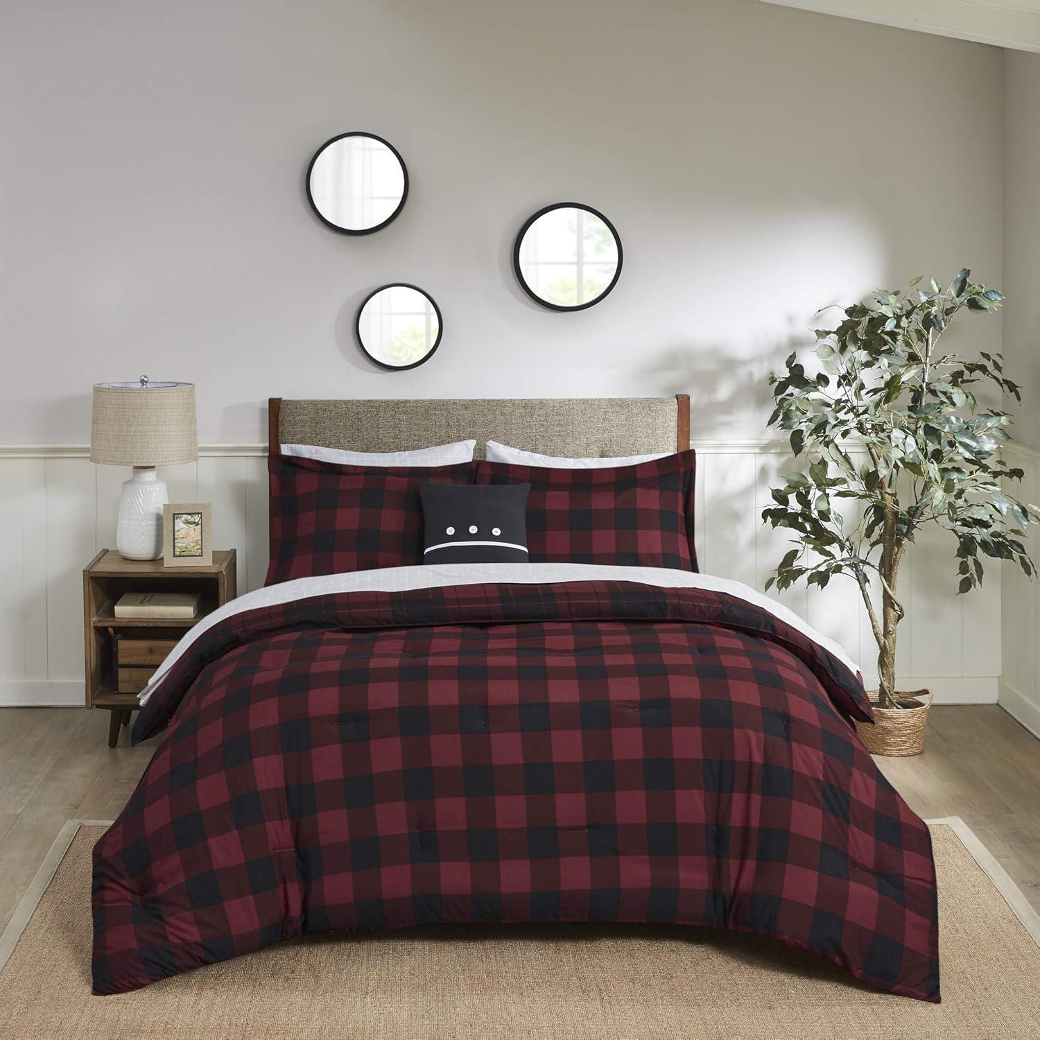 imageMadison Park Essentials Cozy Bed in A Bag Reversible Comforter with Complete Sheet Set Casual Plaid Cabin Design All Season Cover Decorative Pillow Everest Plaid Red Twin68x86 6 PieceEverest Plaid Red