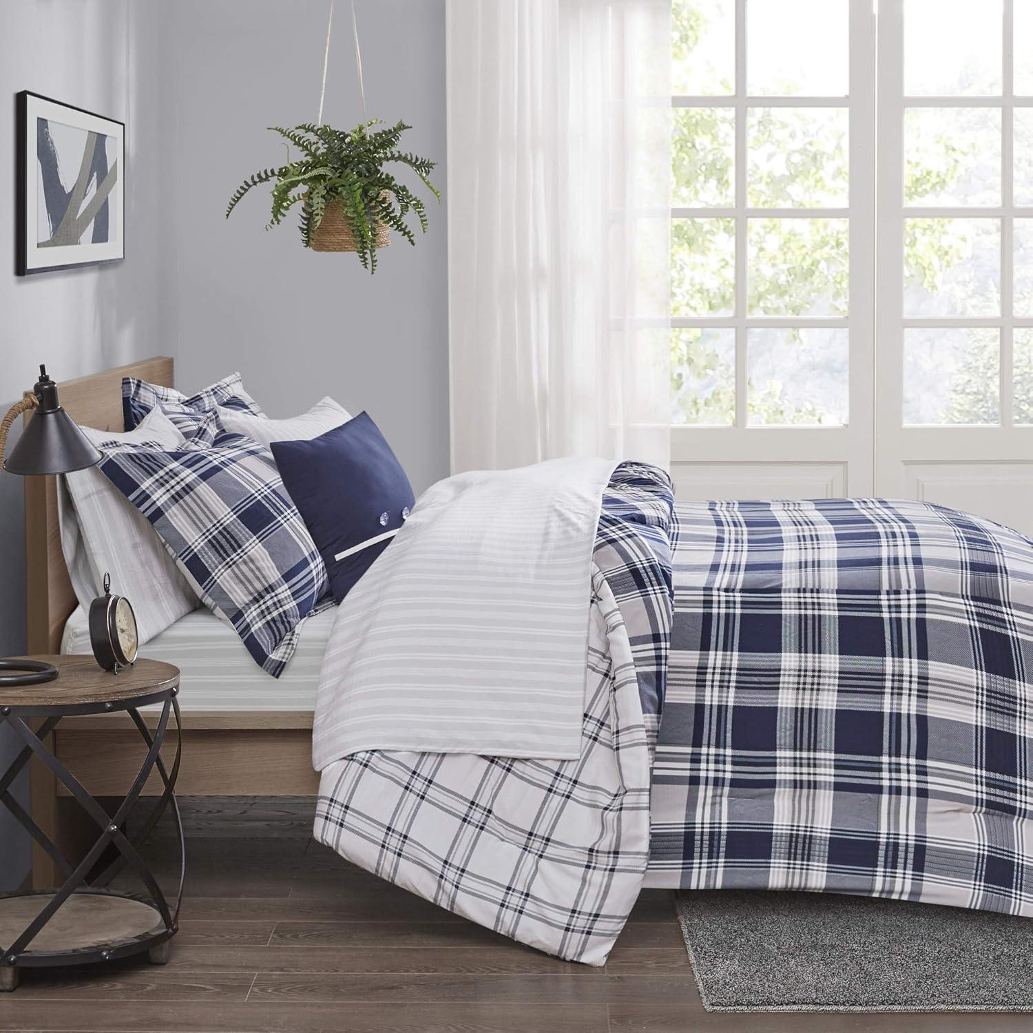 imageMadison Park Essentials Cozy Bed in A Bag Reversible Comforter with Complete Sheet Set Casual Plaid Cabin Design All Season Cover Decorative Pillow Everest Plaid Red Twin68x86 6 PiecePatrick Plaid Navy