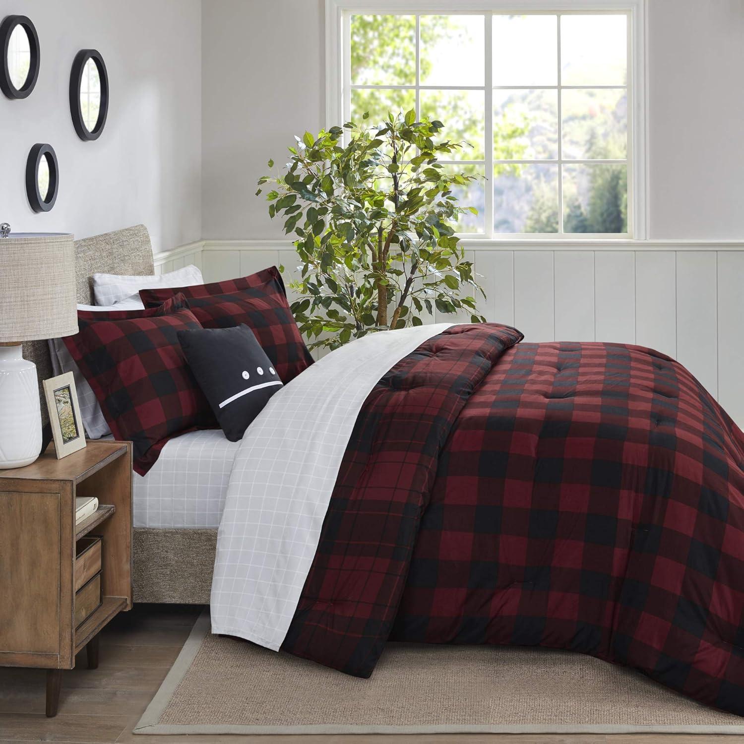 imageMadison Park Essentials Cozy Bed in A Bag Reversible Comforter with Complete Sheet Set Casual Plaid Cabin Design All Season Cover Decorative Pillow Everest Plaid Red Twin68x86 6 PieceEverest Plaid Red