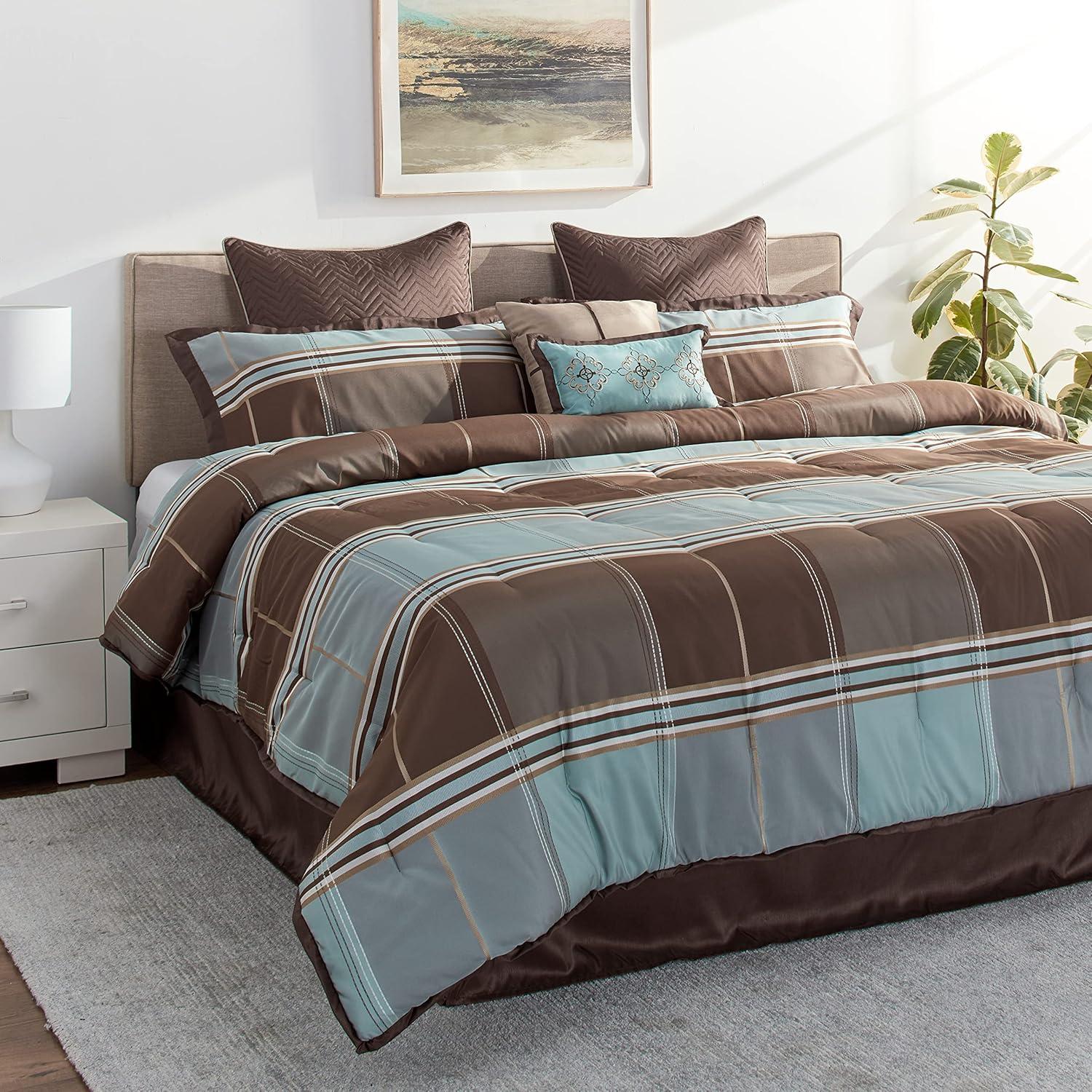 imageMadison Park Medina Comforter SetCasual Jacquar Damask Design All Season Cozy Bedding Matching Bedskirt Shams Decorative Pillows King 104 in x 92 in Damask Navy 8 PieceLincoln Brown