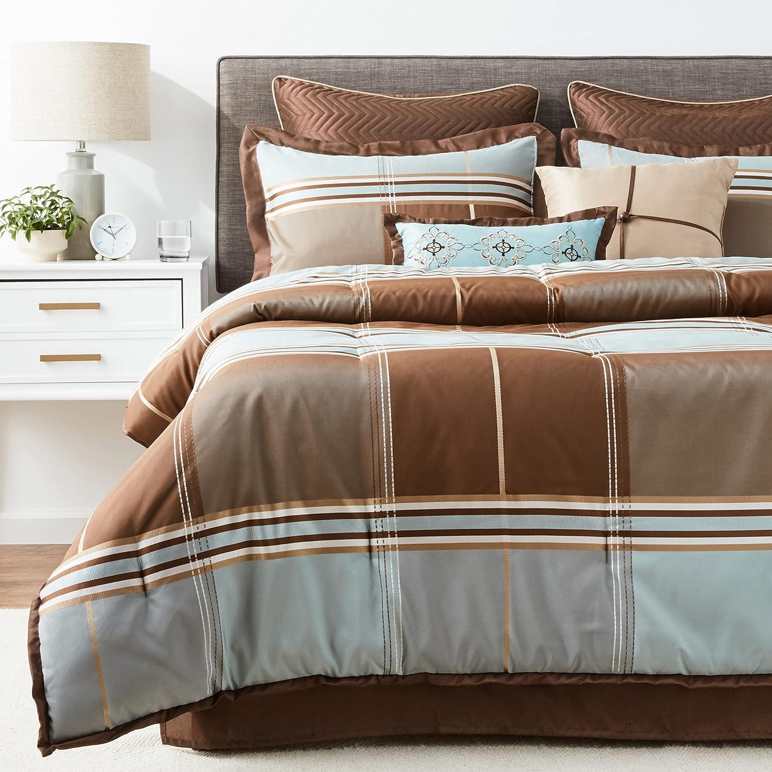 imageMadison Park Medina Comforter SetCasual Jacquar Damask Design All Season Cozy Bedding Matching Bedskirt Shams Decorative Pillows King 104 in x 92 in Damask Navy 8 PieceLincoln Brown