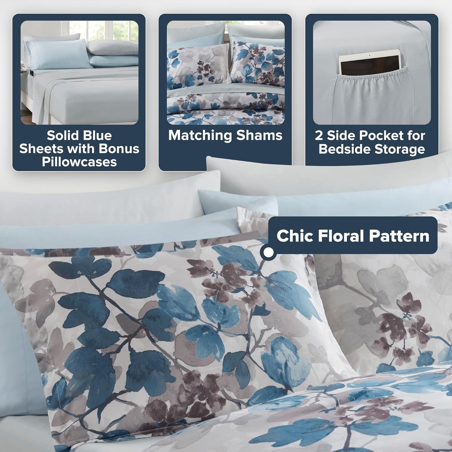 imageMadison Park Queen Comforter Set with Sheets Floral Print Microfiber Comforter for a QueenSize Bed Shabby Chic Bed in a Bag Set Diamond Printed Sheet Alice Queen Mauve 7 PieceLeaf Blue