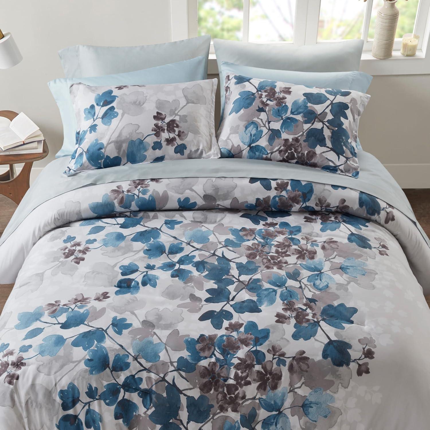 imageMadison Park Queen Comforter Set with Sheets Floral Print Microfiber Comforter for a QueenSize Bed Shabby Chic Bed in a Bag Set Diamond Printed Sheet Alice Queen Mauve 7 PieceLeaf Blue