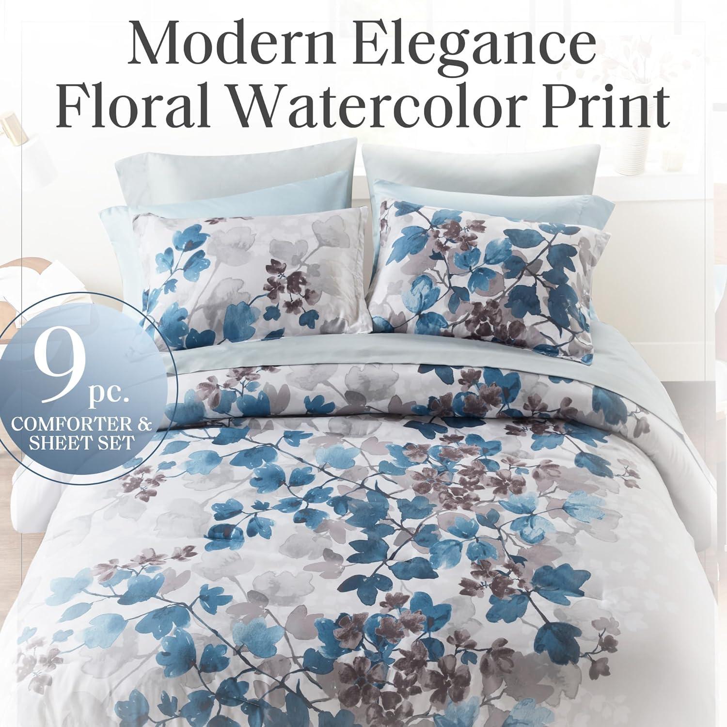 imageMadison Park Queen Comforter Set with Sheets Floral Print Microfiber Comforter for a QueenSize Bed Shabby Chic Bed in a Bag Set Diamond Printed Sheet Alice Queen Mauve 7 PieceLeaf Blue