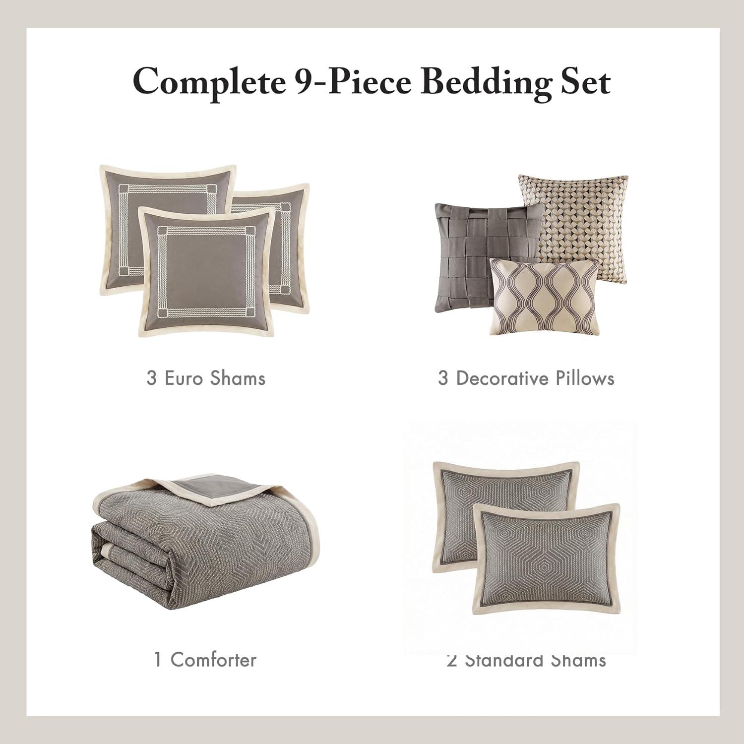 imageMadison Park Signature Cozy Comforter Set All Season Bedding Combo Filled Insert and Removable Duvet Cover Shams Decorative Pillows Queen 92 in x 96 in Geometric Grey 9 PieceGeometric Grey