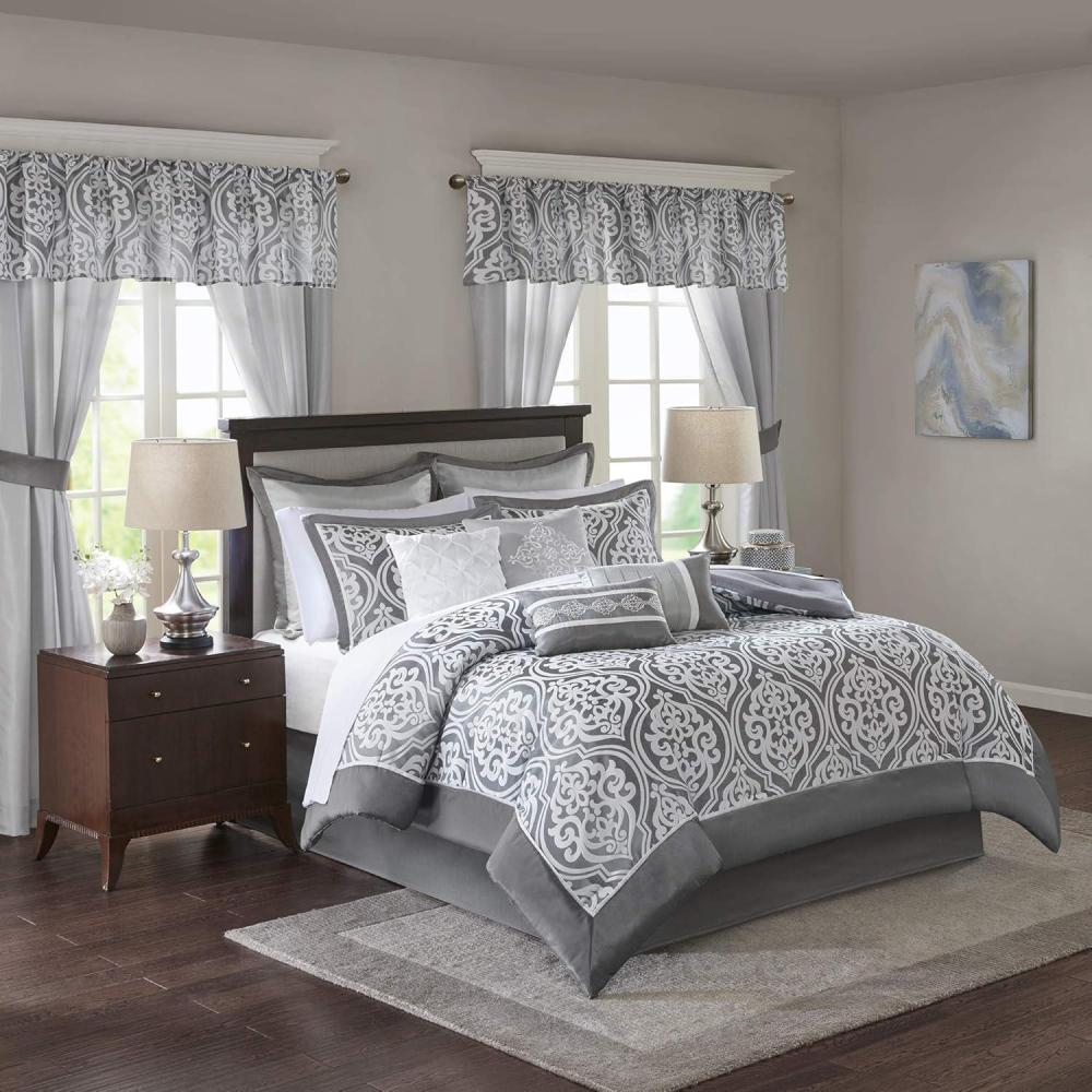 imageMadison Park Carina Cozy Comforter Set Luxe Jacquard Medallion Design with Embroidery and Pleated Details All Season Bedding with Matching Shams Decorative Pillow Queen Taupe 7 PieceJordan GreyWhite Riab 24pcs