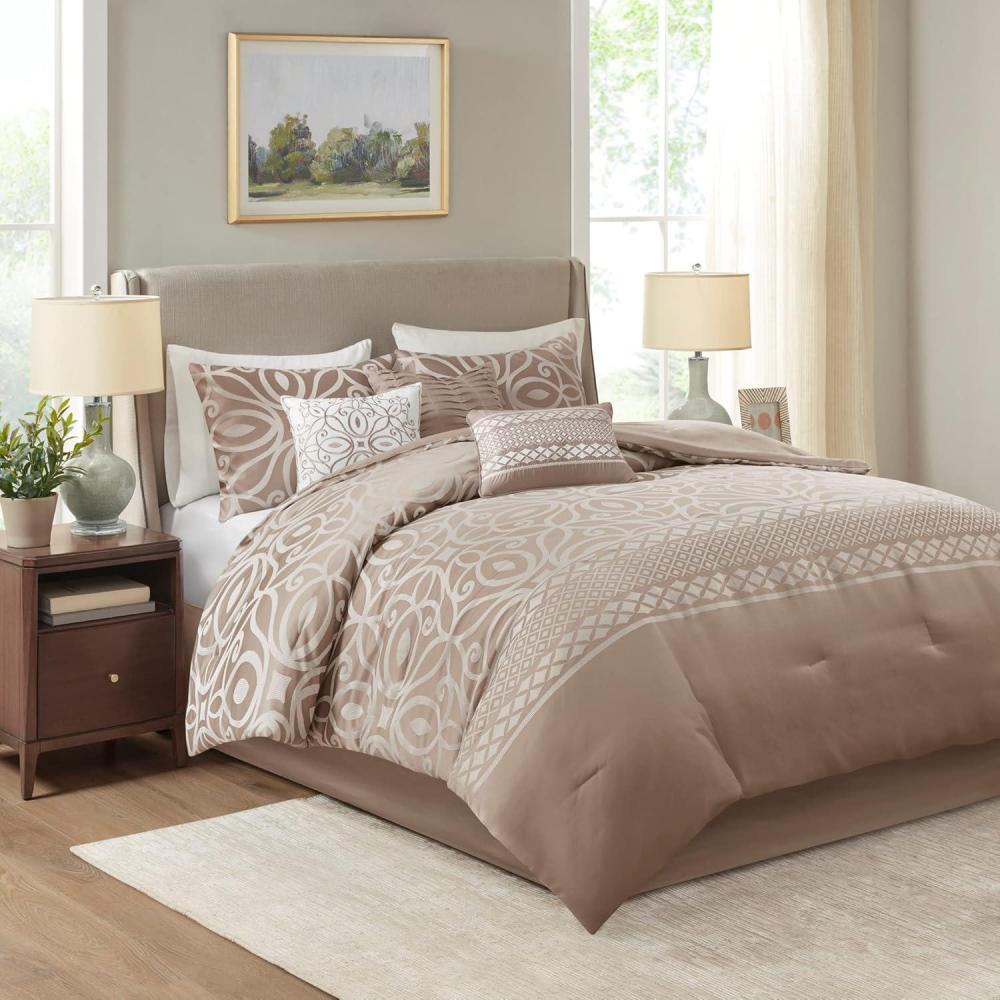 imageMadison Park Carina Cozy Comforter Set Luxe Jacquard Medallion Design with Embroidery and Pleated Details All Season Bedding with Matching Shams Decorative Pillow Queen Taupe 7 PieceCarina  Taupe Comforter 7pcs