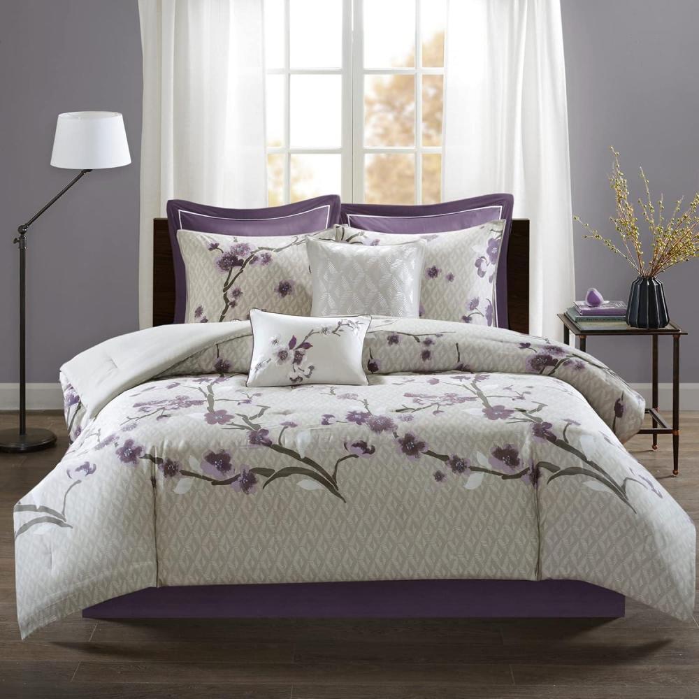 imageMadison Park Cozy Comforter Nature Scenery Design  All Season Bedding Matching Bed Skirt Decorative Pillows Holly Floral PurpleTaupe King104x92 8 PieceGreyPurple