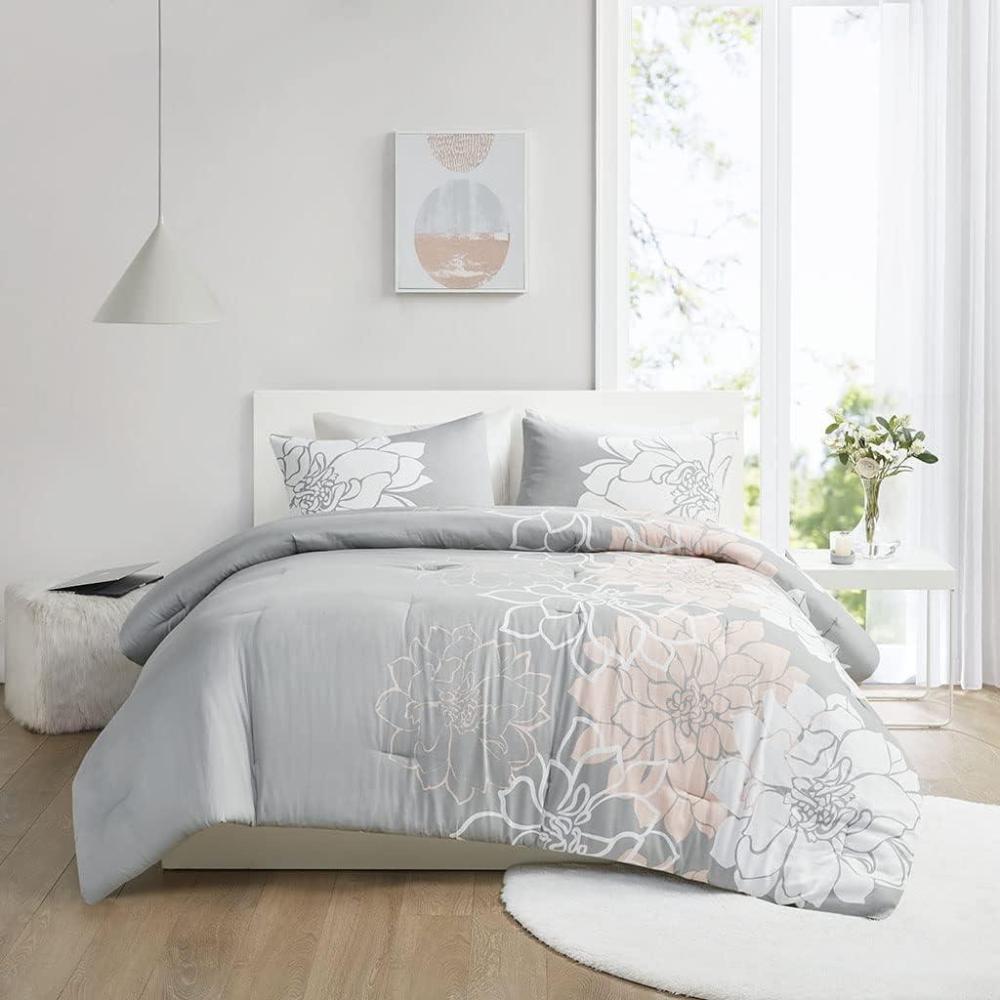 imageMadison Park Delilah Sateen Cotton Comforter Set Breathable Soft Cover Modern Print All Season Down Alternative Cozy Bedding with Matching Shams King Cal King GreyBlush 3 PieceGreyBlush 3pcs