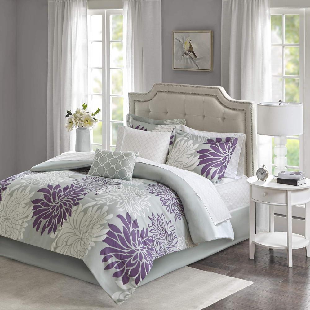 imageMadison Park Essentials Maible Cozy Bed in A Bag Comforter with Complete Cotton Sheet SetFloral Medallion Damask Design All Season Cover Decorative Pillow Queen 90 in x 90 in BlushGrayFloral Purple