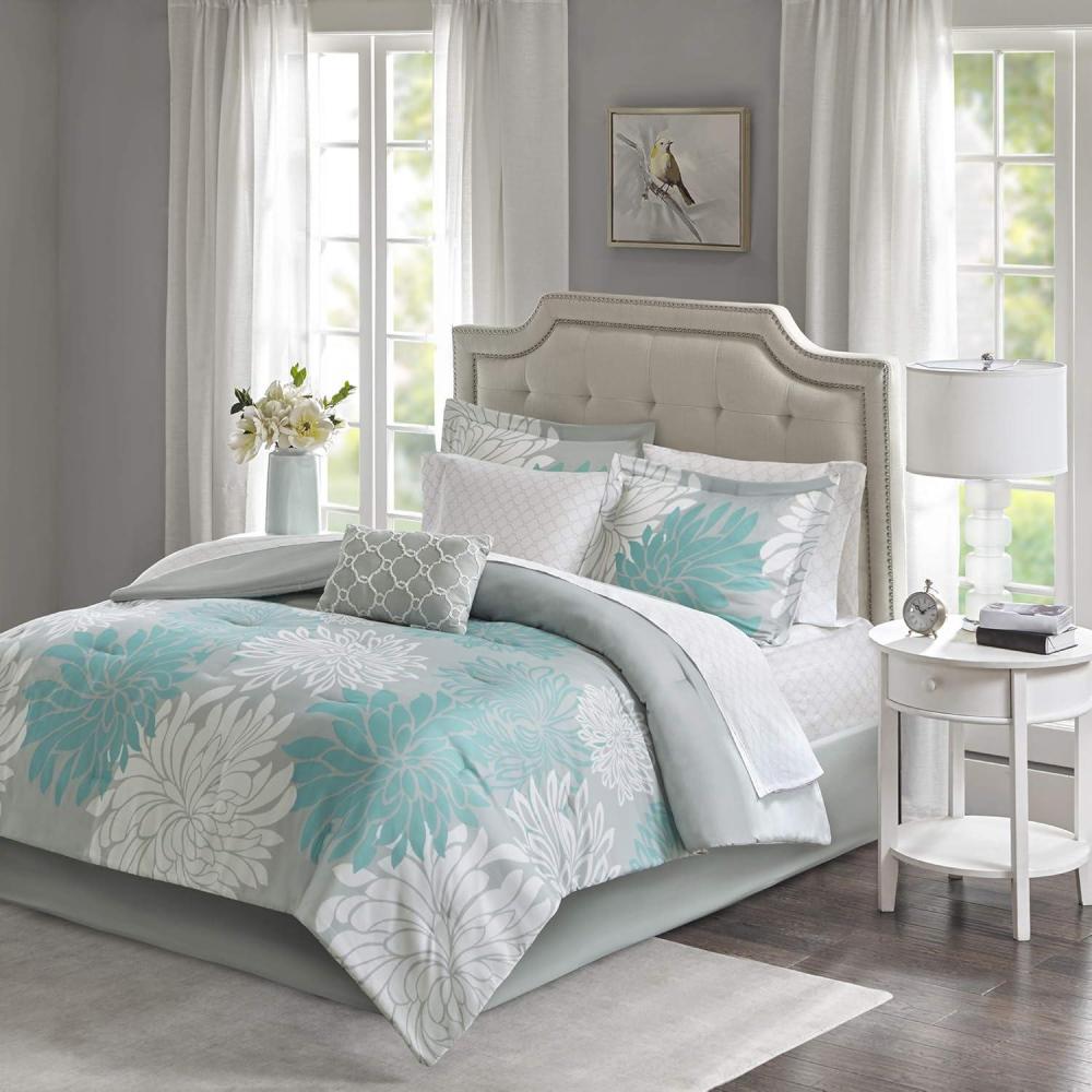 imageMadison Park Essentials Maible Cozy Bed in A Bag Comforter with Complete Cotton Sheet SetFloral Medallion Damask Design All Season Cover Decorative Pillow Queen 90 in x 90 in BlushGrayFloral Aqua