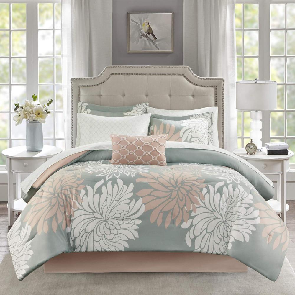 imageMadison Park Essentials Maible Cozy Bed in A Bag Comforter with Complete Cotton Sheet SetFloral Medallion Damask Design All Season Cover Decorative Pillow Queen 90 in x 90 in BlushGrayFloral Blush