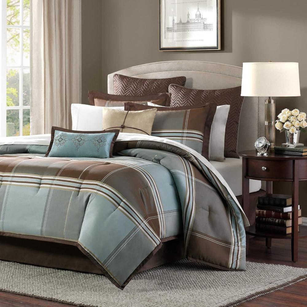 imageMadison Park Medina Comforter SetCasual Jacquar Damask Design All Season Cozy Bedding Matching Bedskirt Shams Decorative Pillows King 104 in x 92 in Damask Navy 8 PieceLincoln Brown
