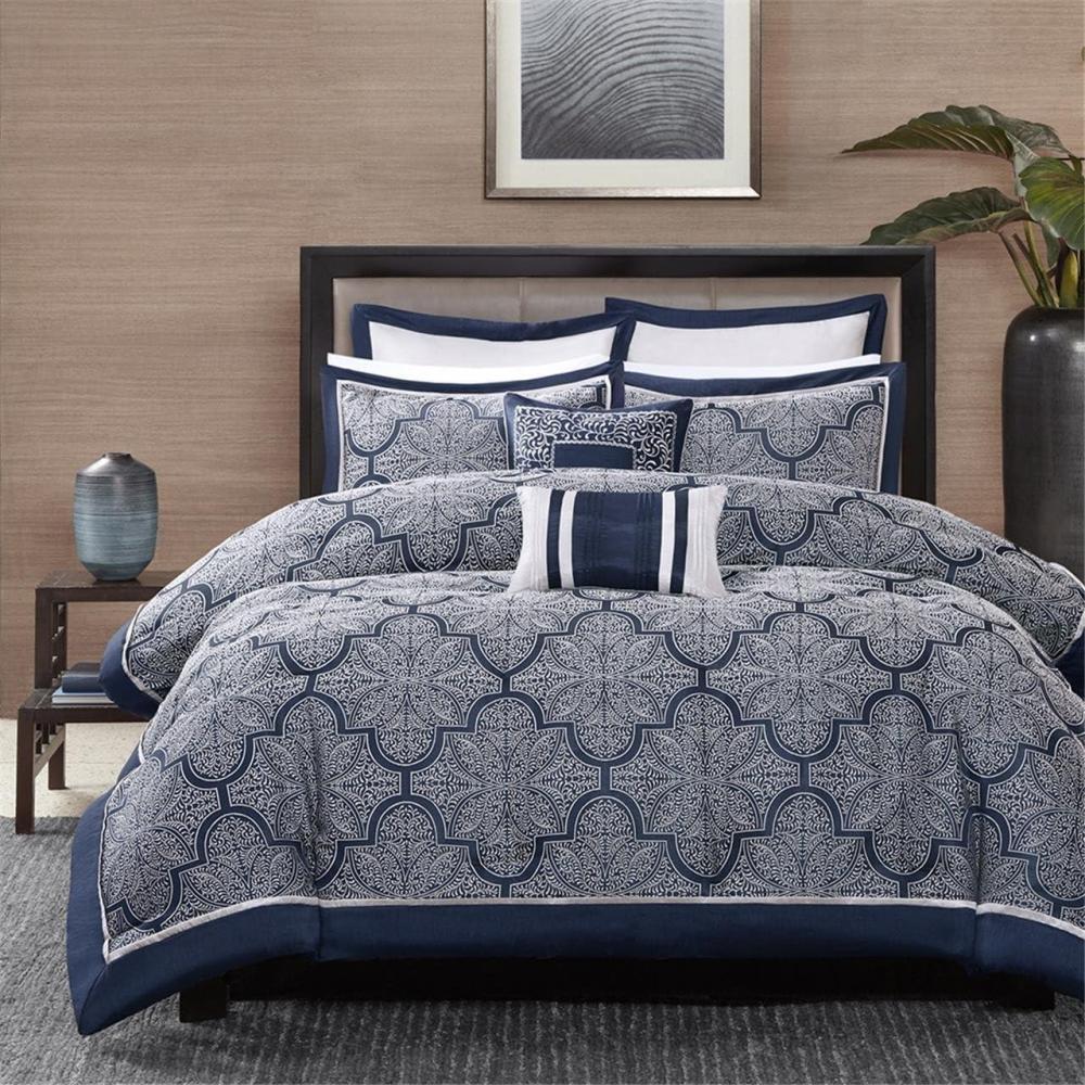 imageMadison Park Medina Comforter SetCasual Jacquar Damask Design All Season Cozy Bedding Matching Bedskirt Shams Decorative Pillows King 104 in x 92 in Damask Navy 8 PieceMedina Navy