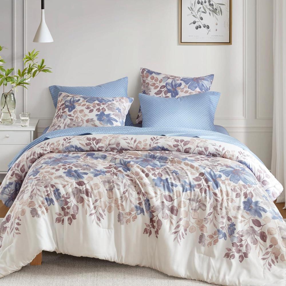 imageMadison Park Queen Comforter Set with Sheets Floral Print Microfiber Comforter for a QueenSize Bed Shabby Chic Bed in a Bag Set Diamond Printed Sheet Alice Queen Mauve 7 PieceBlue