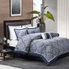 Madison Park Medina Comforter Set-Casual Jacquar Damask Design All Season Cozy Bedding, Matching Bedskirt, Shams, Decorative Pillows, King (104 in x 92 in), Damask Navy 8 Piece(Medina Navy)
