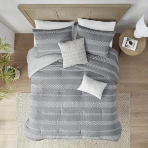 Madison Park Comforter Set Chic Textured Clipped Jacquard Stripes King Size Comforter Sets, Drew, Microfiber Bedding, All Season Comforter, Shams, Throw Pillows King/Cal King Gray 5 Piece(Gray)