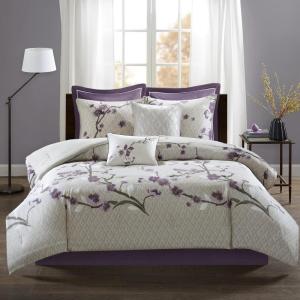 Madison Park Cozy Comforter Nature Scenery Design – All Season Bedding, Matching Bed Skirt, Decorative Pillows, Holly, Floral Purple/Taupe King(104″x92″) 8 Piece(Grey/Purple)