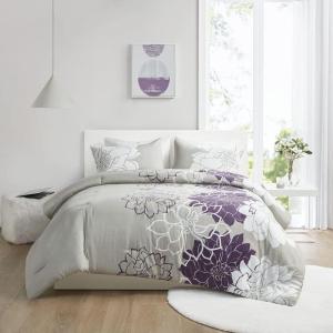Madison Park Delilah Sateen Cotton Comforter Set, Breathable, Soft Cover, Modern Print, All Season Down Alternative Cozy Bedding with Matching Shams, King/ Cal King, Grey/Blush 3 Piece(Grey/Purple 3pcs)
