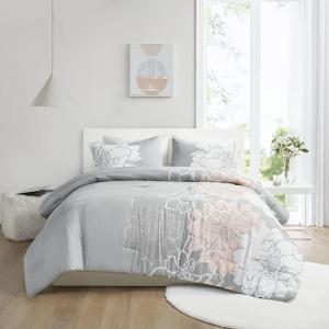 Madison Park Delilah Sateen Cotton Comforter Set, Breathable, Soft Cover, Modern Print, All Season Down Alternative Cozy Bedding with Matching Shams, King/ Cal King, Grey/Blush 3 Piece(Grey/Blush 3pcs)