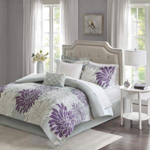 Madison Park Essentials Maible Cozy Bed in A Bag Comforter with Complete Cotton Sheet Set-Floral Medallion Damask Design All Season Cover, Decorative Pillow, Queen (90 in x 90 in), Blush/Gray(Floral Purple)