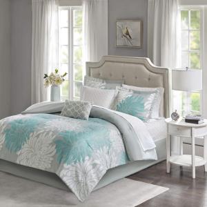 Madison Park Essentials Maible Cozy Bed in A Bag Comforter with Complete Cotton Sheet Set-Floral Medallion Damask Design All Season Cover, Decorative Pillow, Queen (90 in x 90 in), Blush/Gray(Floral Aqua)