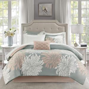 Madison Park Essentials Maible Cozy Bed in A Bag Comforter with Complete Cotton Sheet Set-Floral Medallion Damask Design All Season Cover, Decorative Pillow, Queen (90 in x 90 in), Blush/Gray(Floral Blush)