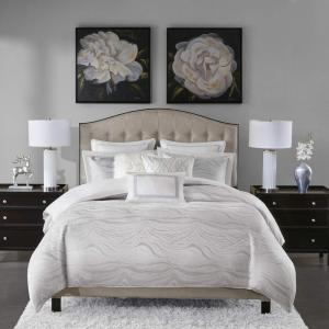 Madison Park Signature Glam Cozy Comforter Set – All Season Bedding Combo Filled Insert and Removable Duvet Cover, Shams, Decorative Pillows, Metallic White King(110″x96″) 10 Piece(Hollywood Glam  White)