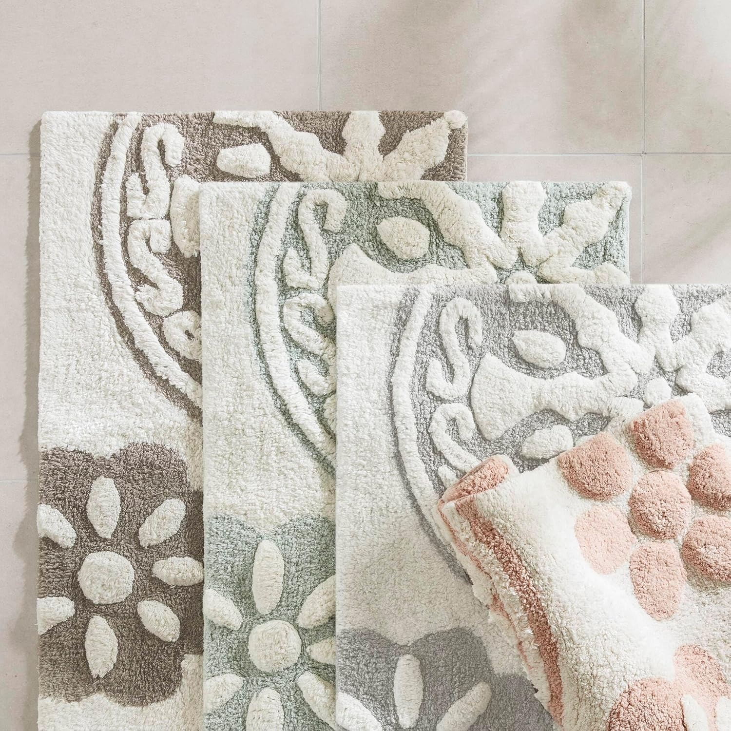 imageMadison Park Casablanca 100 Cotton Tufted Bathroom Rugs Luxurious Plush Medallion Floral Pattern Bath Mat Absorbent Quick Dry Spa Design Shower Room Dcor Rectangle 25 R GreyTaupe