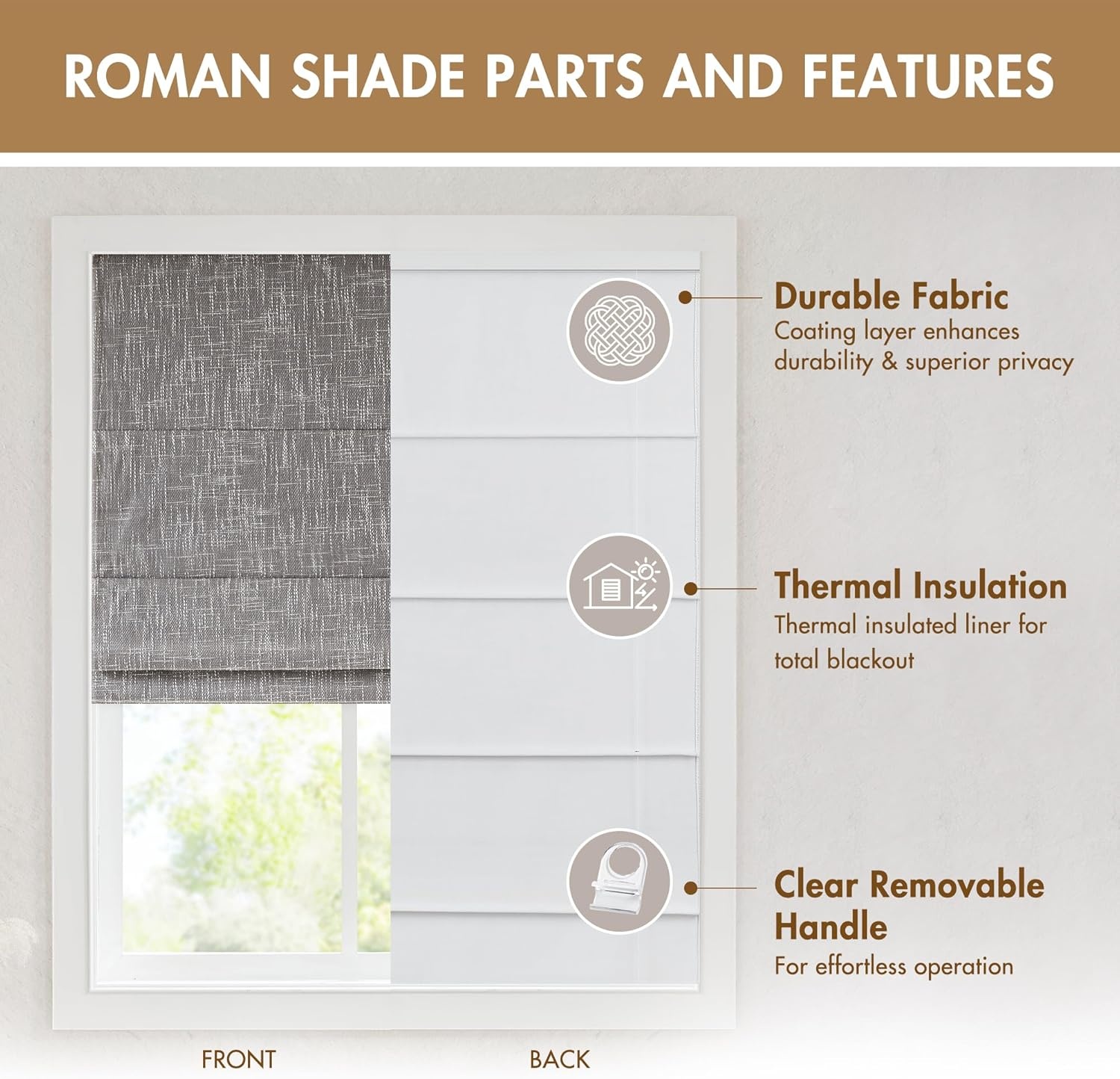 imageMadison Park Cordless Roman Shades Room Darkening Window Blind Privacy Window Shades Thermal Insulated Cordless Window Treatment for Bedroom Living Room Quincy Single Panel 35 W X 64 L LinenBlackout Grey Slub