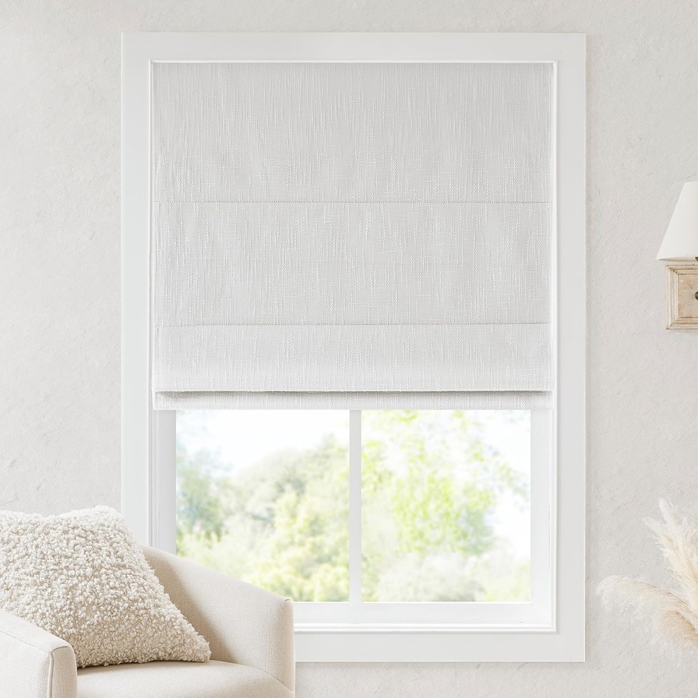 imageMadison Park Cordless Roman Shades Room Darkening Window Blind Privacy Window Shades Thermal Insulated Cordless Window Treatment for Bedroom Living Room Quincy Single Panel 35 W X 64 L LinenBlackout White Slub