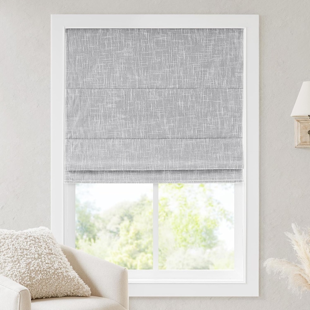 imageMadison Park Cordless Roman Shades Room Darkening Window Blind Privacy Window Shades Thermal Insulated Cordless Window Treatment for Bedroom Living Room Quincy Single Panel 35 W X 64 L LinenBlackout Light Grey Slub