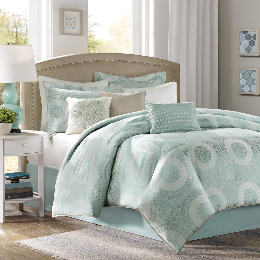 image:imageMadison Park Baxter Queen Size Bed Comforter Set Bed in A Bag  Seafoam Green Blue Jacquard Medallion  7 Pieces Bedding Sets  Ultra Soft Microfiber Bedroom Comforters