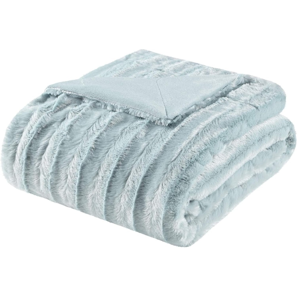 image:imageMadison Park Duke Luxury Long Faux Fur Throw Ivory 50  60 Premium Soft Cozy Brushed Long Faux Fur for Bed Coach or Sofa Pack of 2Blue