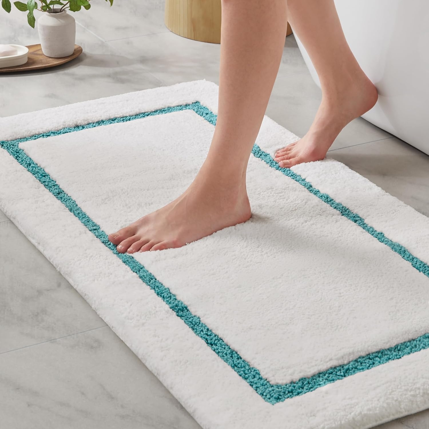 image:imageMadison Park Roan Bath Rug 17x24 Thick Absorbent Microfiber Bathroom Mat Non Slip TPR Backing Machine Washable OekoTEX Certified HotelInspired Tufted Plush Design BeigeAqua